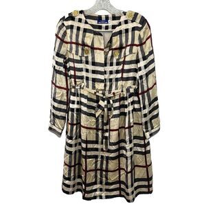 Burberry London Blue Label Nova‎ Check Silk Long Sleeve Gold  Dress  Size 38